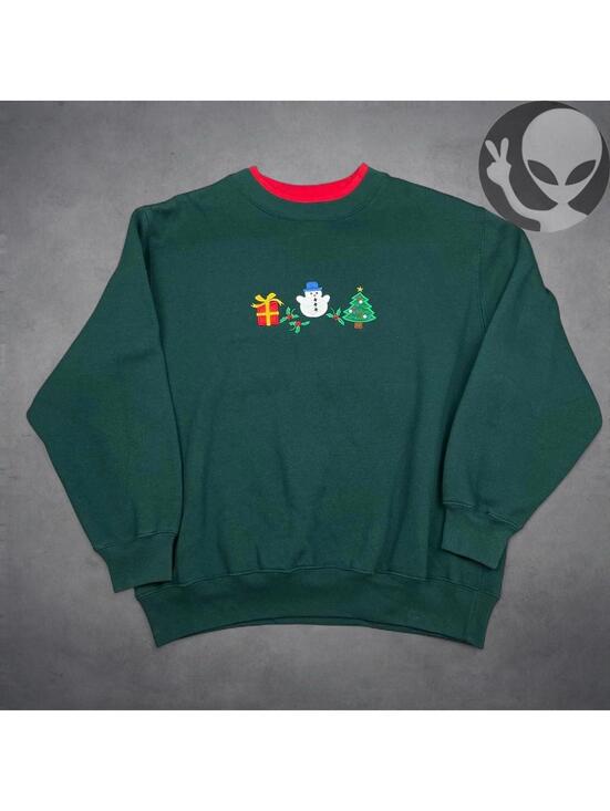 Tops - Vintage 90s Christmas Embroidered Sweatshirt Womens XL Green Double Collar Snow